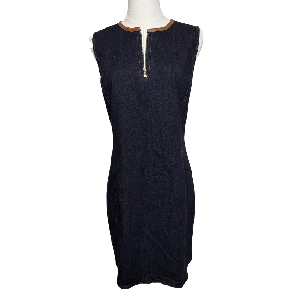 Lauren Ralph Lauren Denim Sheath Dress Leather Trim Zip Front Dark Wash Size 6
